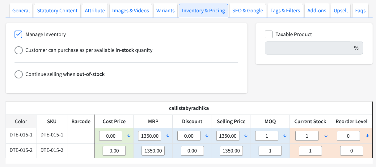 Set Inventory and Pricing